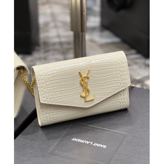 Replica YSL Saint Laurent Uptown Chain Wallet In Crocodile-Embossed Shiny Leather White