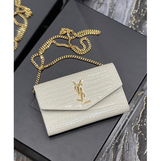 Replica YSL Saint Laurent Uptown Chain Wallet In Crocodile-Embossed Shiny Leather White