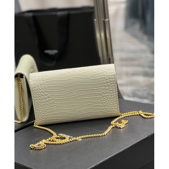 Replica YSL Saint Laurent Uptown Chain Wallet In Crocodile-Embossed Shiny Leather White