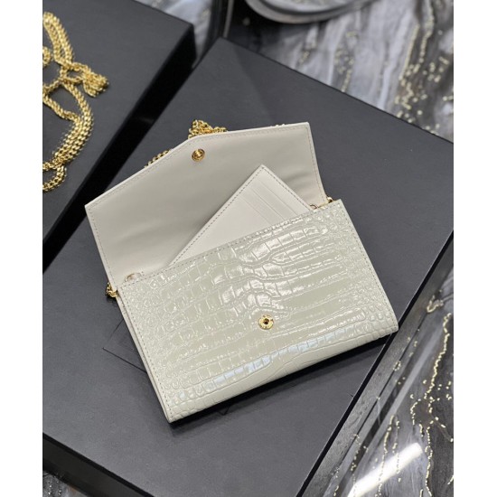 Replica YSL Saint Laurent Uptown Chain Wallet In Crocodile-Embossed Shiny Leather White
