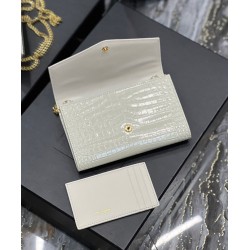 Replica YSL Saint Laurent Uptown Chain Wallet In Crocodile-Embossed Shiny Leather White