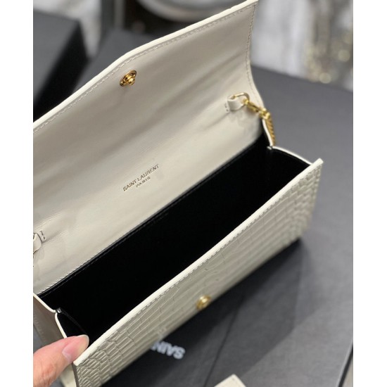 Replica YSL Saint Laurent Uptown Chain Wallet In Crocodile-Embossed Shiny Leather White