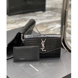 Replica YSL Saint Laurent Uptown Chain Wallet In Crocodile-Embossed Shiny Leather Black