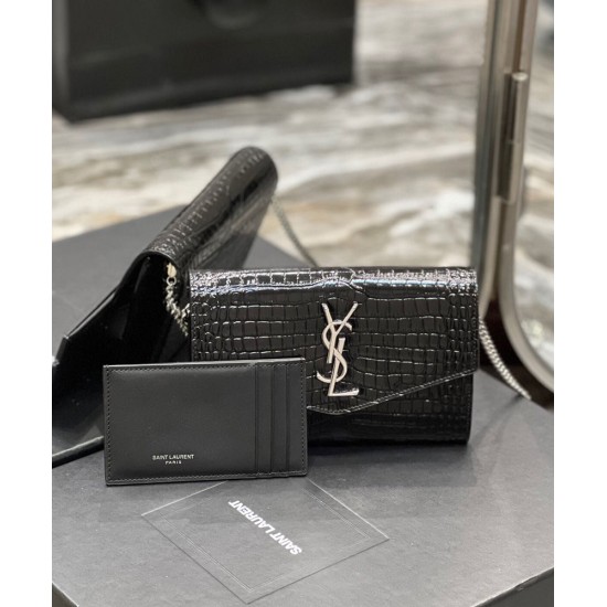 Replica YSL Saint Laurent Uptown Chain Wallet In Crocodile-Embossed Shiny Leather Black