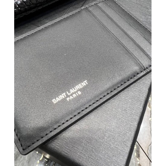 Replica YSL Saint Laurent Uptown Chain Wallet In Crocodile-Embossed Shiny Leather Black