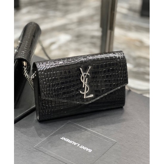 Replica YSL Saint Laurent Uptown Chain Wallet In Crocodile-Embossed Shiny Leather Black