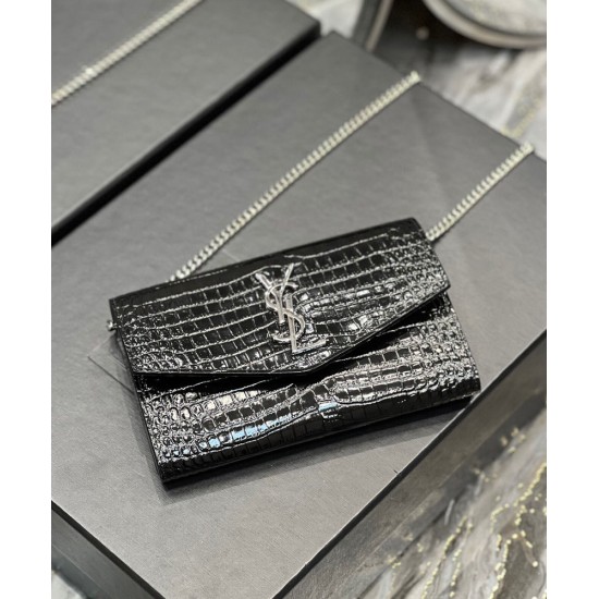 Replica YSL Saint Laurent Uptown Chain Wallet In Crocodile-Embossed Shiny Leather Black