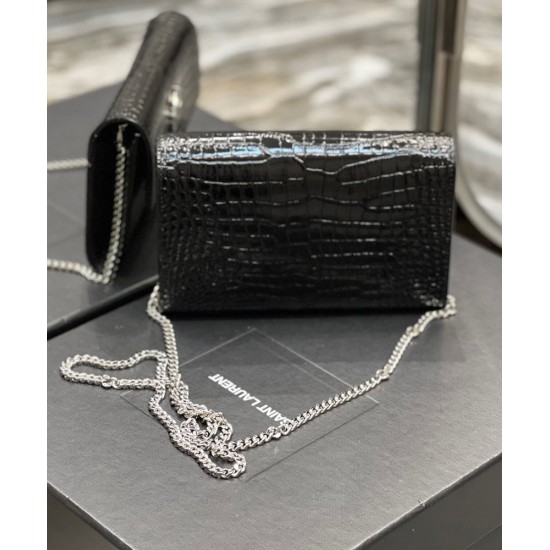 Replica YSL Saint Laurent Uptown Chain Wallet In Crocodile-Embossed Shiny Leather Black