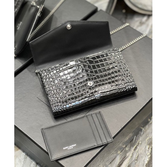 Replica YSL Saint Laurent Uptown Chain Wallet In Crocodile-Embossed Shiny Leather Black
