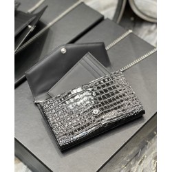 Replica YSL Saint Laurent Uptown Chain Wallet In Crocodile-Embossed Shiny Leather Black