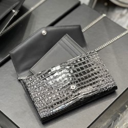 Fake YSL Saint Laurent Uptown Chain Wallet In Crocodile-Embossed Shiny Leather Black Replica Replica YSL Saint Laurent Uptown Chain Wallet In Crocodile-Embossed Shiny Leather Black