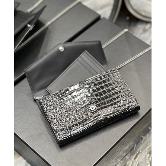 Replica YSL Saint Laurent Uptown Chain Wallet In Crocodile-Embossed Shiny Leather Black