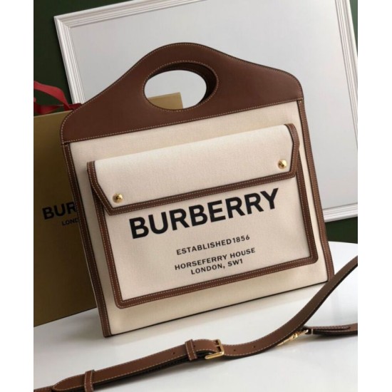 Fake Burberry Medium Two-tone Canvas and Leather Pocket Bag Coffee Replica