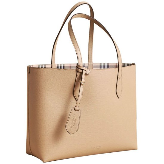 Replica Burberry The Medium Reversible Tote in Haymarket Check and Leather 40496351 Apricot