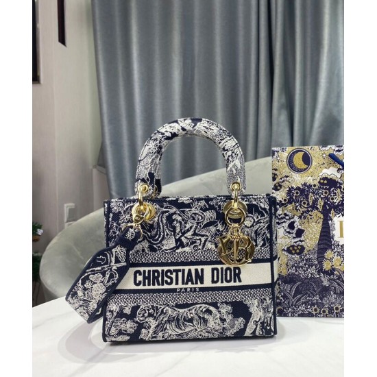 Fake Christian Dior Medium Lady D-Lite Bag Dark Blue Replica