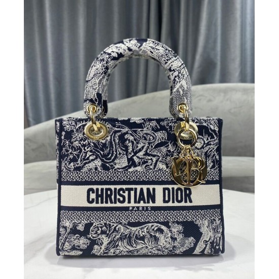 Fake Christian Dior Medium Lady D-Lite Bag Dark Blue Replica