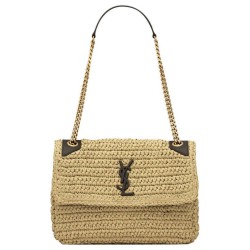 Fake YSL Saint Laurent Niki Medium Chain Bag In Raffia And Leather Apricot Replica
