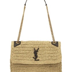 Fake YSL Saint Laurent Niki Medium Chain Bag In Raffia And Leather Apricot Replica