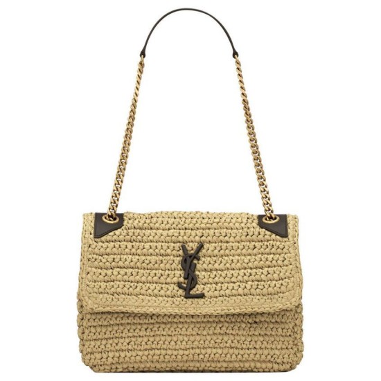 Fake YSL Saint Laurent Niki Medium Chain Bag In Raffia And Leather Apricot Replica