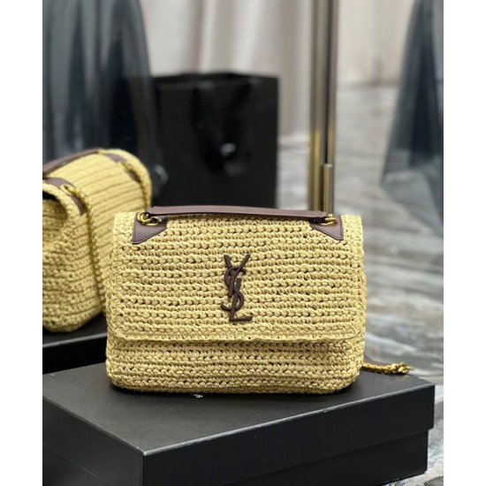 Fake YSL Saint Laurent Niki Medium Chain Bag In Raffia And Leather Apricot Replica