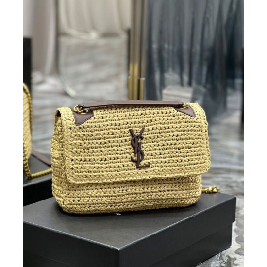 Fake YSL Saint Laurent Niki Medium Chain Bag In Raffia And Leather Apricot Replica