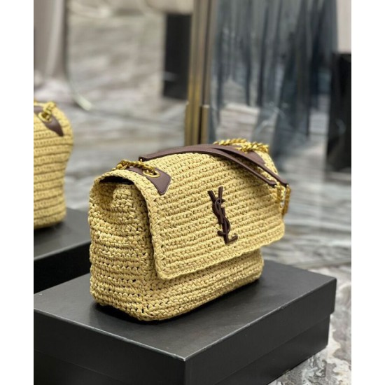 Fake YSL Saint Laurent Niki Medium Chain Bag In Raffia And Leather Apricot Replica