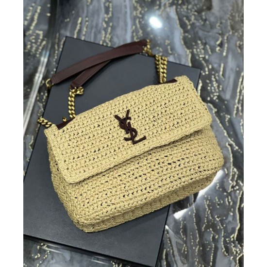 Fake YSL Saint Laurent Niki Medium Chain Bag In Raffia And Leather Apricot Replica