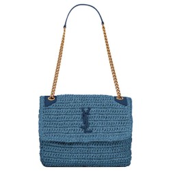 Fake YSL Saint Laurent Niki Medium Chain Bag In Raffia And Leather Blue Replica