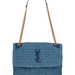 Fake YSL Saint Laurent Niki Medium Chain Bag In Raffia And Leather Blue Replica