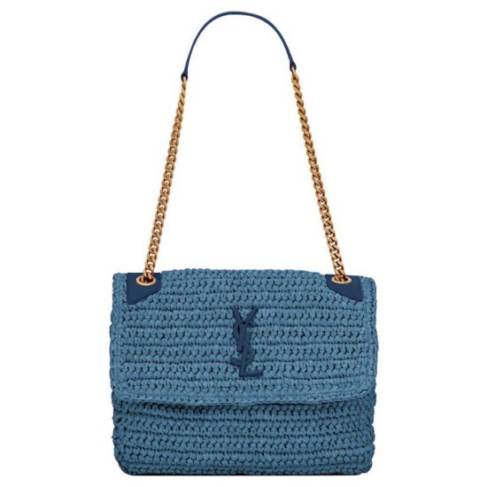 Fake YSL Saint Laurent Niki Medium Chain Bag In Raffia And Leather Blue Replica