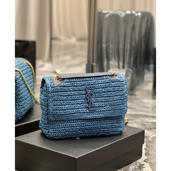 Fake YSL Saint Laurent Niki Medium Chain Bag In Raffia And Leather Blue Replica