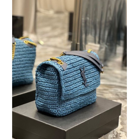 Fake YSL Saint Laurent Niki Medium Chain Bag In Raffia And Leather Blue Replica