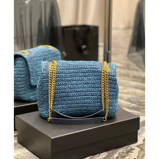 Fake YSL Saint Laurent Niki Medium Chain Bag In Raffia And Leather Blue Replica