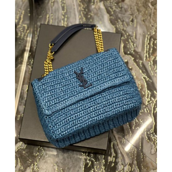 Fake YSL Saint Laurent Niki Medium Chain Bag In Raffia And Leather Blue Replica