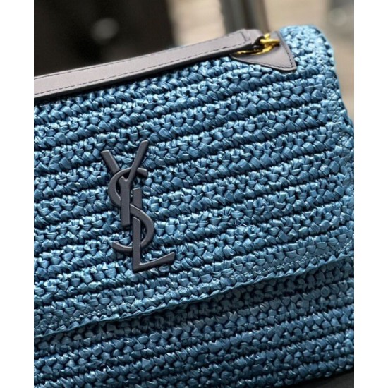 Fake YSL Saint Laurent Niki Medium Chain Bag In Raffia And Leather Blue Replica