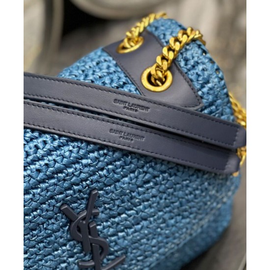 Fake YSL Saint Laurent Niki Medium Chain Bag In Raffia And Leather Blue Replica