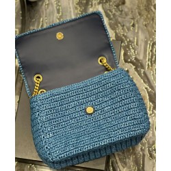Fake YSL Saint Laurent Niki Medium Chain Bag In Raffia And Leather Blue Replica