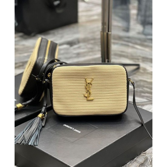 Replica YSL Saint Laurent Lou Camera Bag In Raffia And Leather Apricot