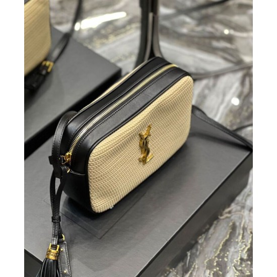 Replica YSL Saint Laurent Lou Camera Bag In Raffia And Leather Apricot