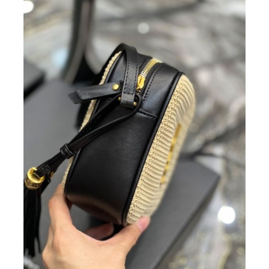 Replica YSL Saint Laurent Lou Camera Bag In Raffia And Leather Apricot