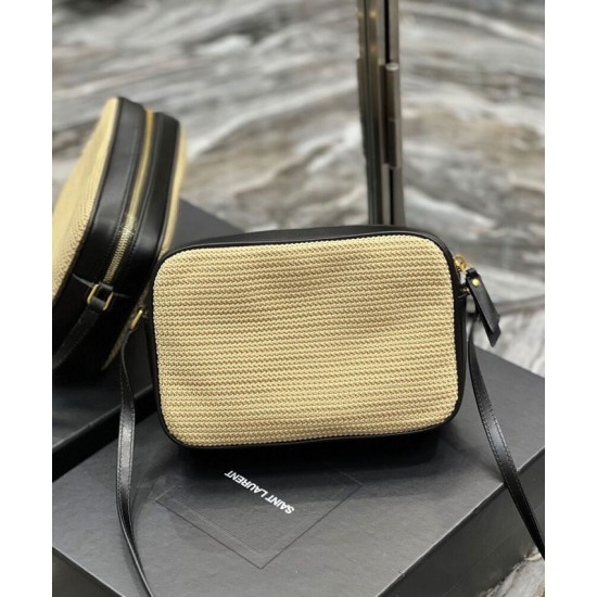 Replica YSL Saint Laurent Lou Camera Bag In Raffia And Leather Apricot
