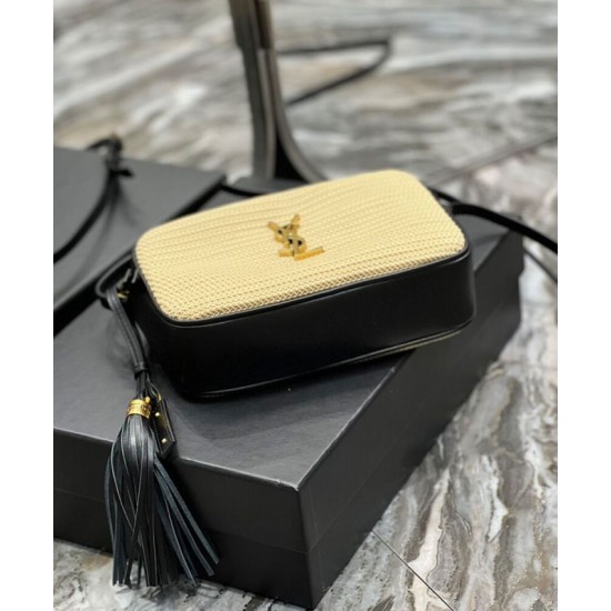 Replica YSL Saint Laurent Lou Camera Bag In Raffia And Leather Apricot