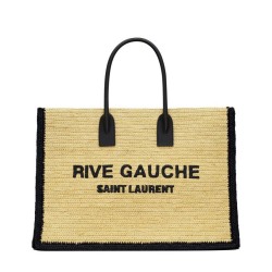 Fake YSL Saint Laurent Rive Gauche Tote Bag In Raffia And Leather Apricot Replica