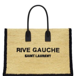 Fake YSL Saint Laurent Rive Gauche Tote Bag In Raffia And Leather Apricot Replica