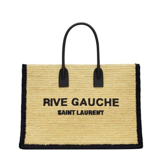 Fake YSL Saint Laurent Rive Gauche Tote Bag In Raffia And Leather Apricot Replica