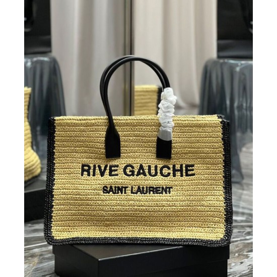 Fake YSL Saint Laurent Rive Gauche Tote Bag In Raffia And Leather Apricot Replica