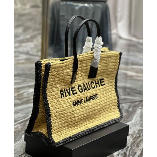 Fake YSL Saint Laurent Rive Gauche Tote Bag In Raffia And Leather Apricot Replica