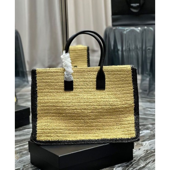 Fake YSL Saint Laurent Rive Gauche Tote Bag In Raffia And Leather Apricot Replica