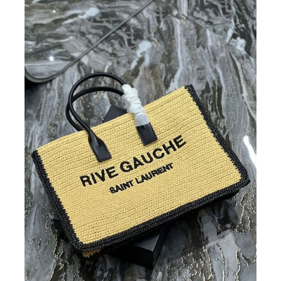Fake YSL Saint Laurent Rive Gauche Tote Bag In Raffia And Leather Apricot Replica