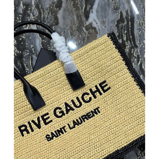Fake YSL Saint Laurent Rive Gauche Tote Bag In Raffia And Leather Apricot Replica